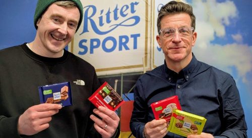 Michael Corcoran of Slice, marks a social media deal with Benedict Daniels, UK managing director of Ritter Sport for promoting the brand in the region. Pic: Ritter